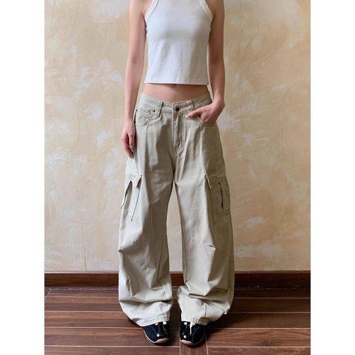 Apocket美式复古浅卡其多口袋工装裤女新款街头宽松直筒显瘦裤子