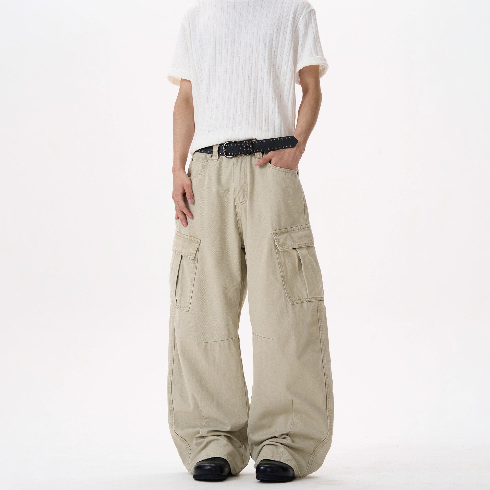 KISKO美式高街裁剪多口袋杏色工装裤男女潮牌设计感宽松直筒裤子