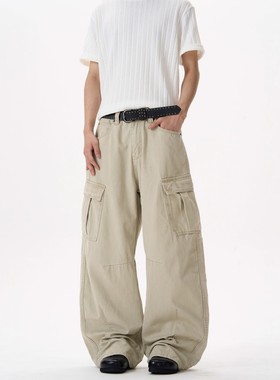 KISKO美式高街裁剪多口袋杏色工装裤男女潮牌设计感宽松直筒裤子