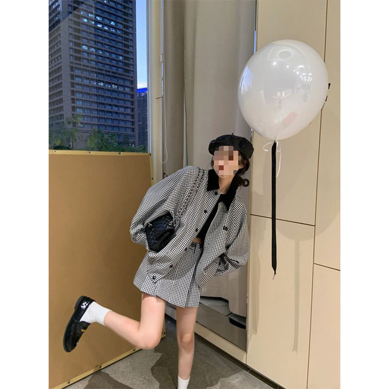 法式气质套装格子撞色外套女20休闲运动套装
