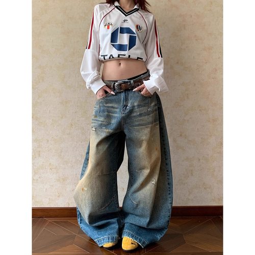 Apocket美式复古做旧水洗黄弯刀牛仔裤女宽松廓形堆积感长裤子男