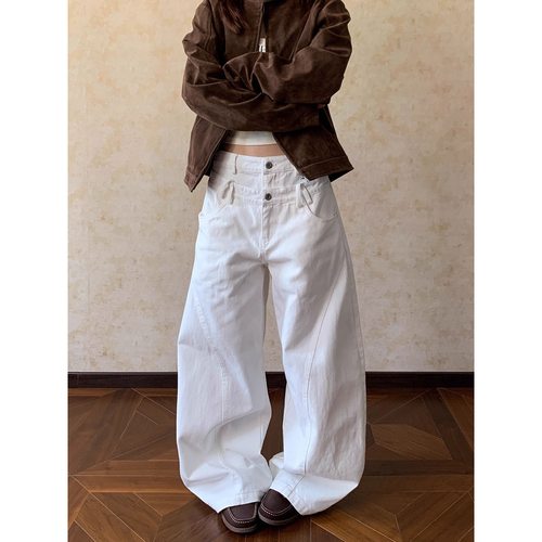 Apocket美式复古设计感双腰头休闲裤女cleanfit直筒堆积感牛仔裤