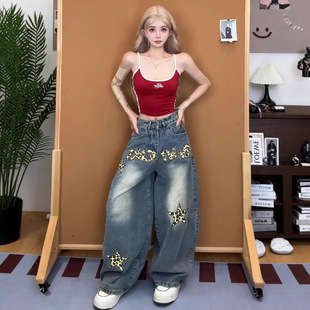 漂亮炮灰 美式复古星星贴布刺绣牛仔裤男女国潮宽松休闲阔腿裤子