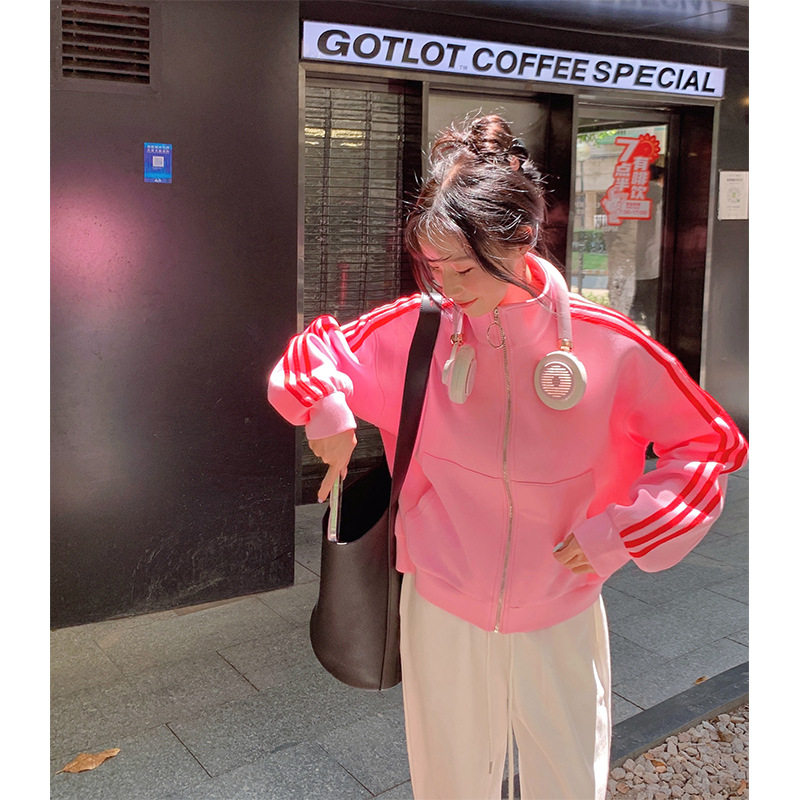 粉色棒球服外套女春秋款短款立领小个子运动休闲卫衣开衫