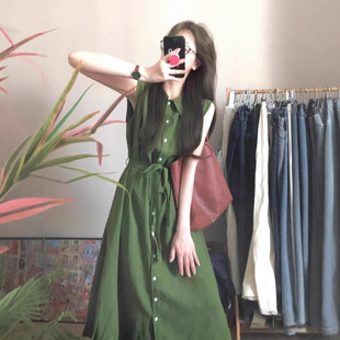 松弛氛围感长裙子女 连衣裙女简约休闲夏季 复古文艺范绿色衬衫 无袖