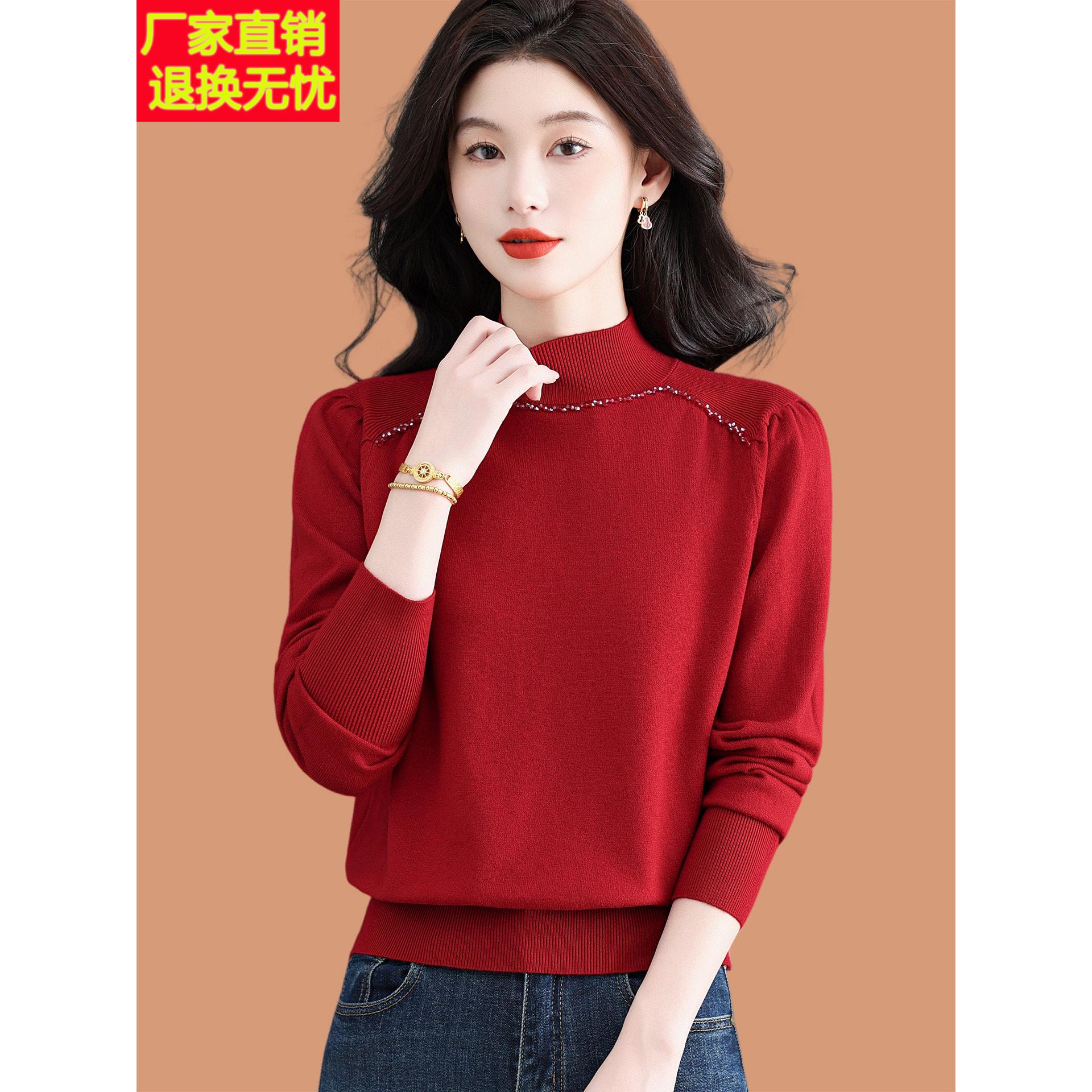 半高领红毛衣女秋冬2025新款小个子高腰短款配裙子羊毛针织打底衫