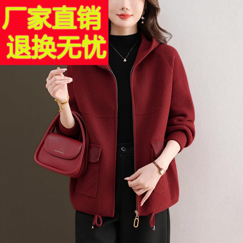 大尺码羊毛呢连帽开衫女拉炼上衣时尚秋冬妈妈装宽松遮肚休闲大衣