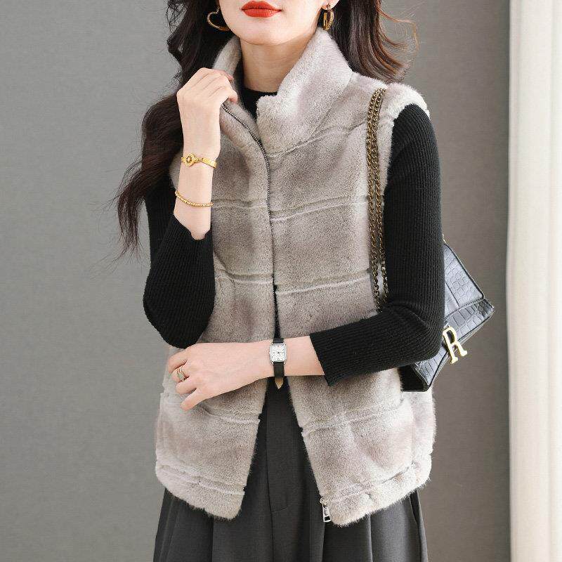 秋冬立领仿皮草皮毛一体马甲女新款条纹拼接加厚仿水貂绒保暖背心