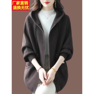 秋冬新款羊毛呢外套女连帽韩版宽松时尚针织羊绒大衣开衫百搭显瘦