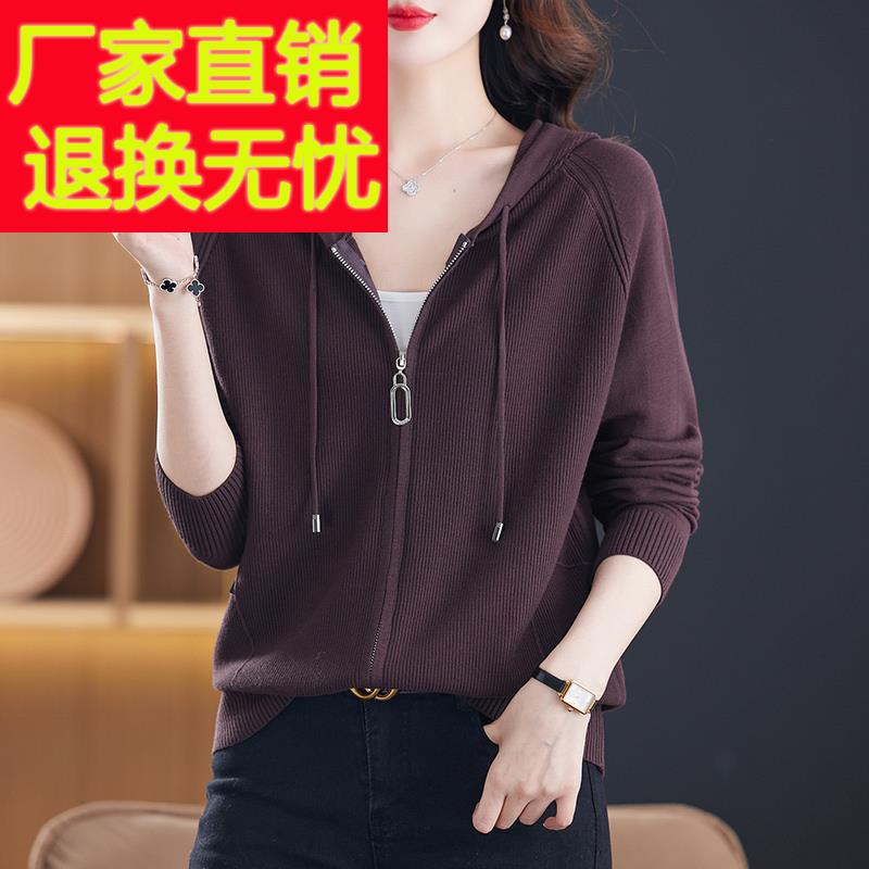连帽卫衣开衫女春秋薄款针织外套秋装2024年新款休闲宽松带帽上衣