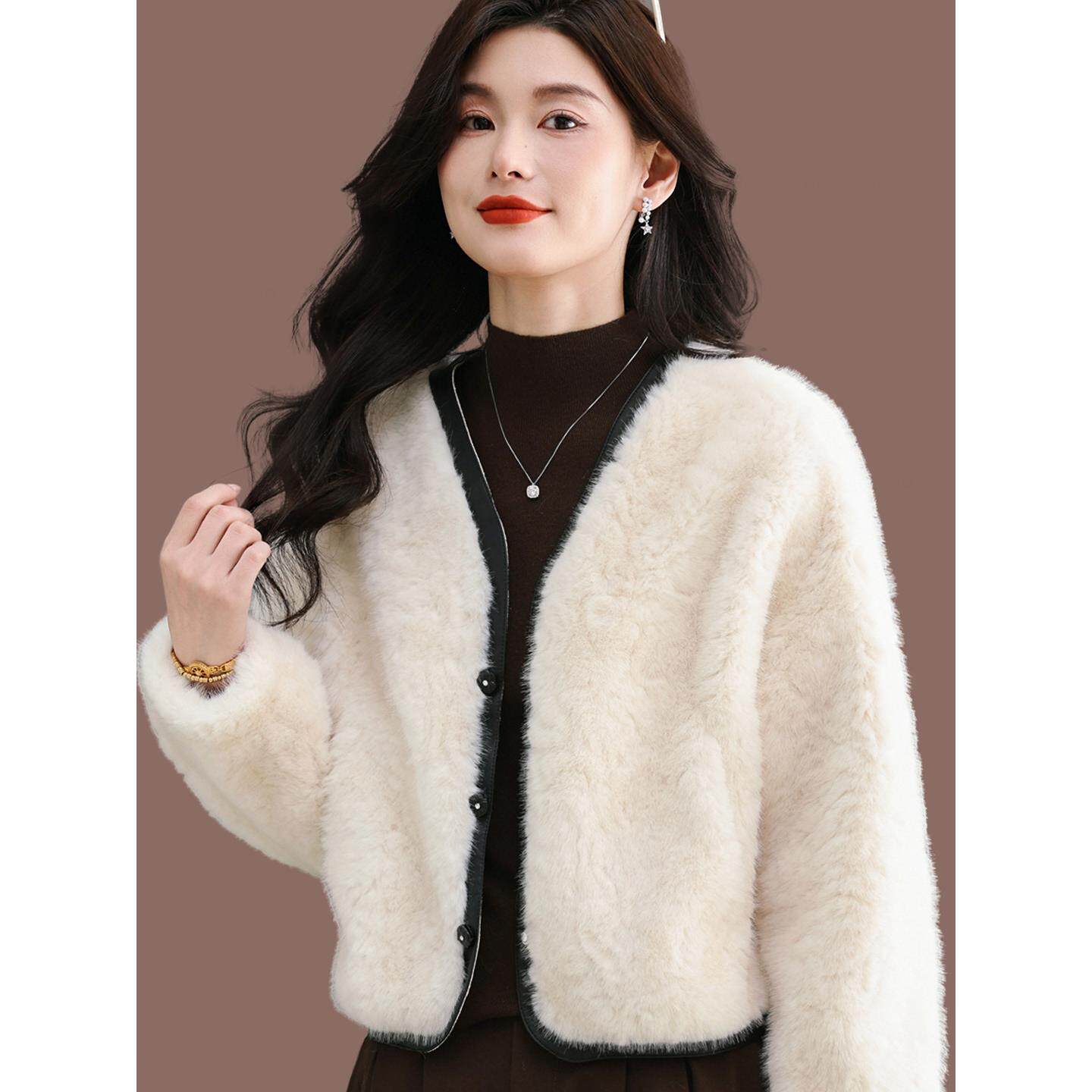 皮毛一体彷水貂绒短外套女2025秋冬新款保暖宽松加厚毛毛皮草上衣