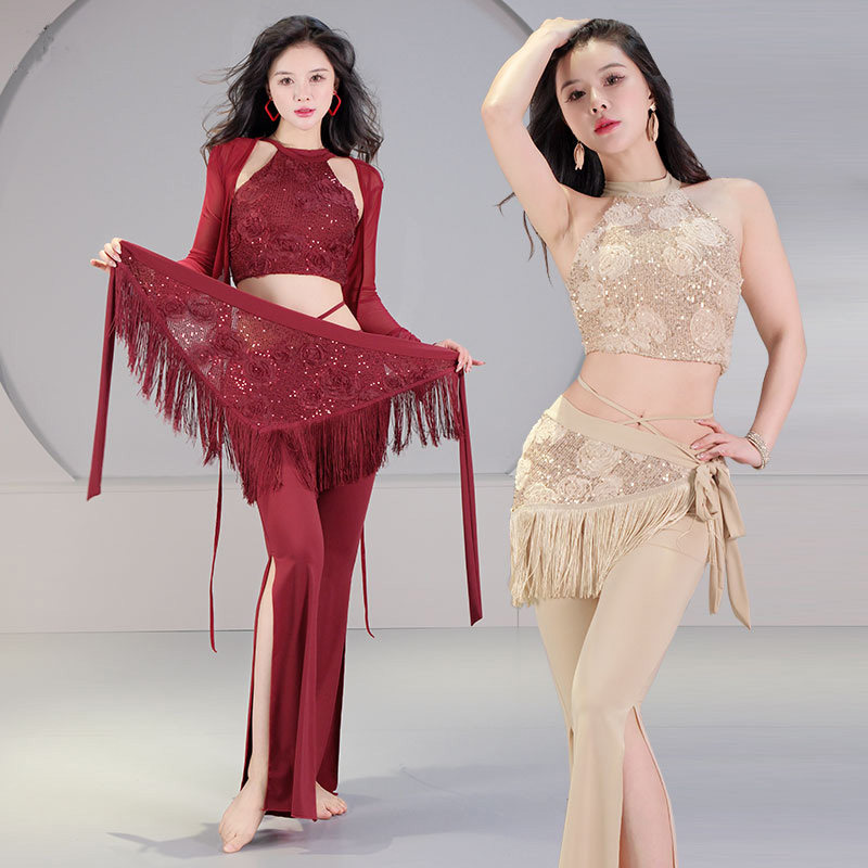 肚皮舞服装女2026新款网纱上衣吊带腰链长裤练功服套装东方舞蹈服