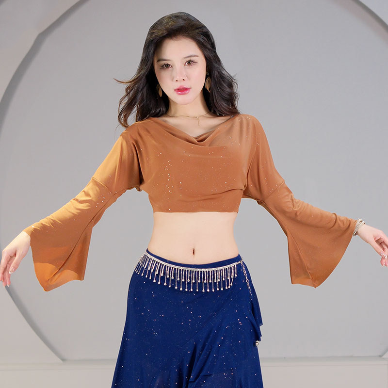 肚皮舞2026新款网纱舞蹈服装女演出服喇叭袖性感东方舞练功服上衣