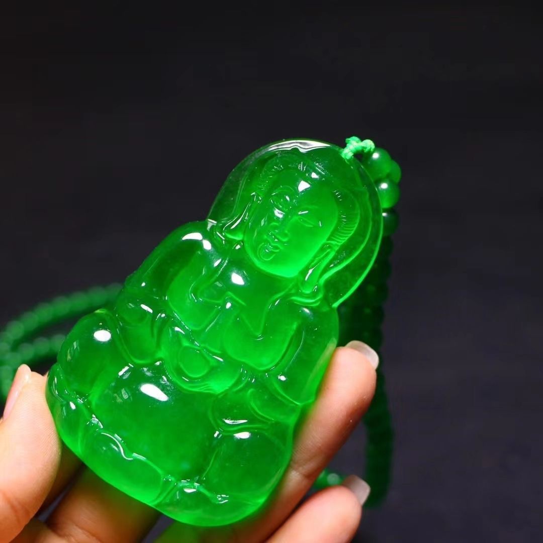 翡翠吊坠真品100玉石天然缅甸满绿翡翠平安观音高冰阳绿双面雕刻