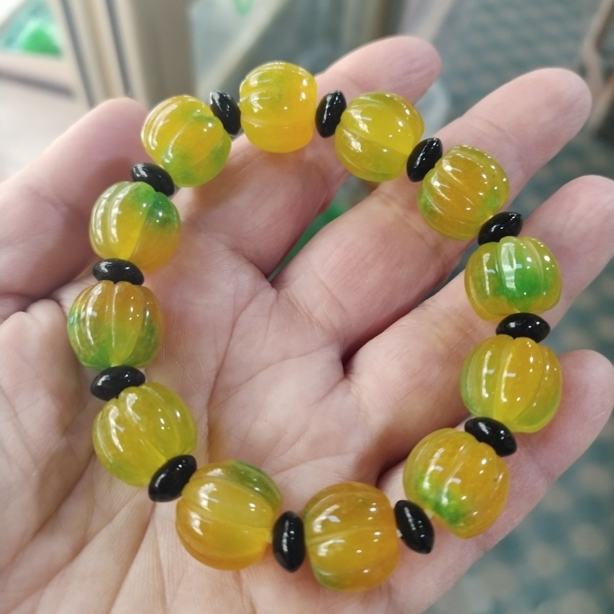 南瓜珠黄绿翡翠色玉石时来运转雕花手链手串男女款精品饰品礼物
