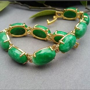 天然正品 缅甸玉石干青色石手链冰糯种金镶玉阳绿手串蛋面手链