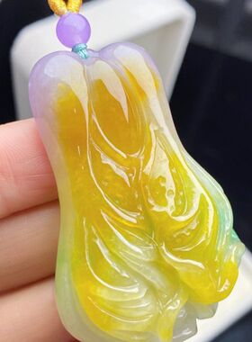 俏色黄色玉石雕刻白菜挂件春三彩玉石招财百财俱来玉坠新款项链