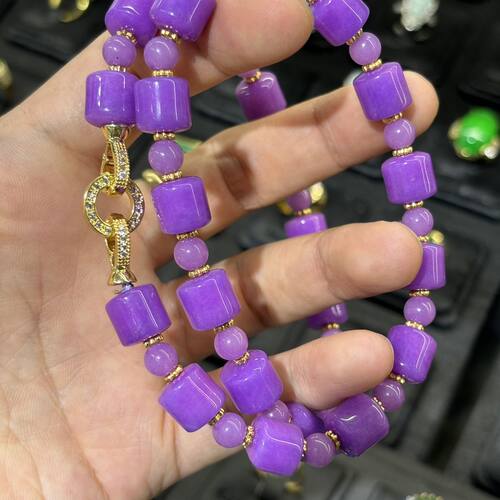 紫色玉石路路通项链珠串时尚百搭圆柱形时来运转紫罗兰新品男女款