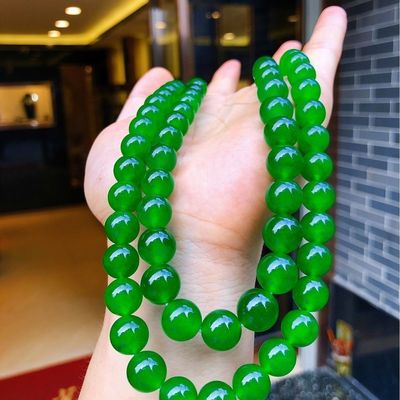 天然【帝王绿】石英岩玉珠串长款项链圆珠子正品高冰种满阳绿