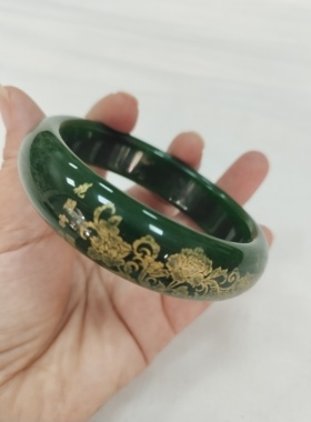 和田色手镯玉石鎏金龙凤玉镯子菠菜绿描金手镯雕花富贵旺夫玉镯子