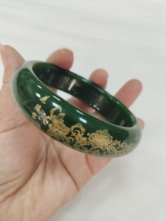 和田色手镯玉石鎏金龙凤玉镯子菠菜绿描金手镯雕花富贵旺夫玉镯子