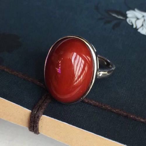 百搭珠宝天然柿子红南红玛瑙戒指女款大戒面开口简约设计S925银