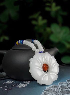 天然和田玉新疆羊脂白玉金丝玉石毛衣链莲花玉兰花吊坠挂件项链