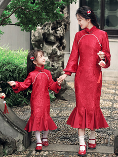 鱼尾款 时尚 中式 加绒 亲子旗袍母女装 复古礼服新年装 拜年服红色冬季