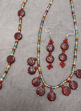 原创设计 摩洛哥红琉璃片锁骨链 时尚耳环 简约手链百搭三件套