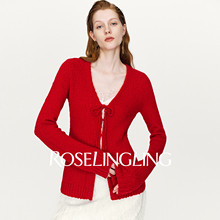 ROSELINGLING新年穿搭红色羊毛针织衫花式大肚纱 V领绑带毛衫开衫