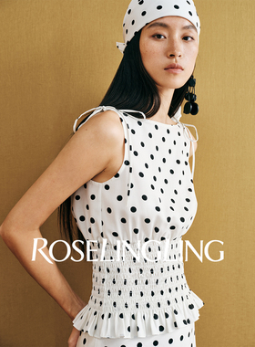 ROSELINGLING【南洋新梦】弹力波点上衣一字领打揽背心+开叉半裙