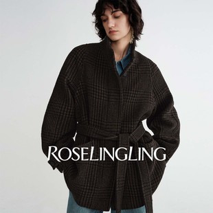ROSELINGLING共鸣前卫摩登场景进口格纹 纯色羊毛料微A廓形短大衣