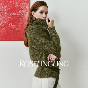 上衣 羊毛纱配色围脖毛衫 ROSELINGLING复古静谧故事感意式 彩点花式