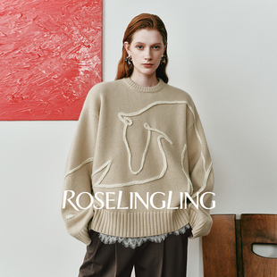 ROSELINGLING 麻花线条骏马印花羊毛套头毛衣 原创新年印花系列