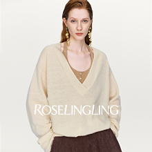 ROSELINGLING时髦撞色叠穿澳毛圈圈纱深V领长袖廓形毛衫+挂脖背心