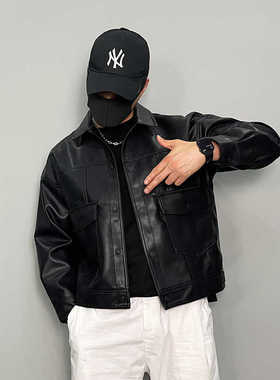28343-P180新款痞帅机车服外套PU皮棉服男宽松翻领皮衣韩版美式潮