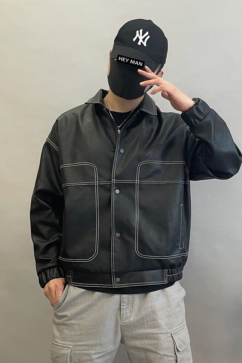 28197-P185新款皮衣男宽松大码机车服外套潮牌美式复古翻领PU夹克,男装夹克,星座1305