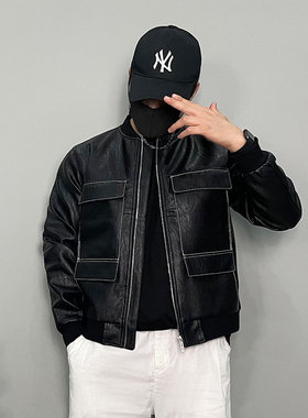 28345-P188原创新款秋冬款日系港风合身版外套男皮衣夹克韩版上衣