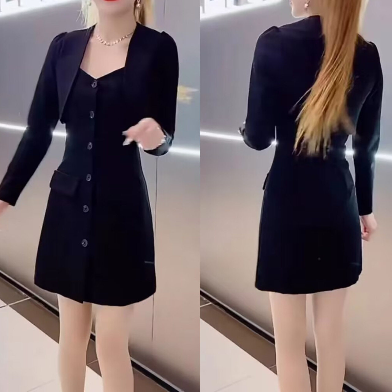 春秋季新款两件套小香风短外套加小个子女生吊带裙修身显瘦两件套