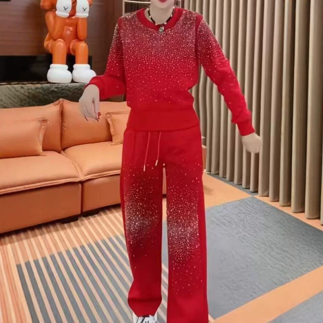 时尚休闲运动套装女2026秋季新款烫钻满天星卫衣宽松长裤子两件套