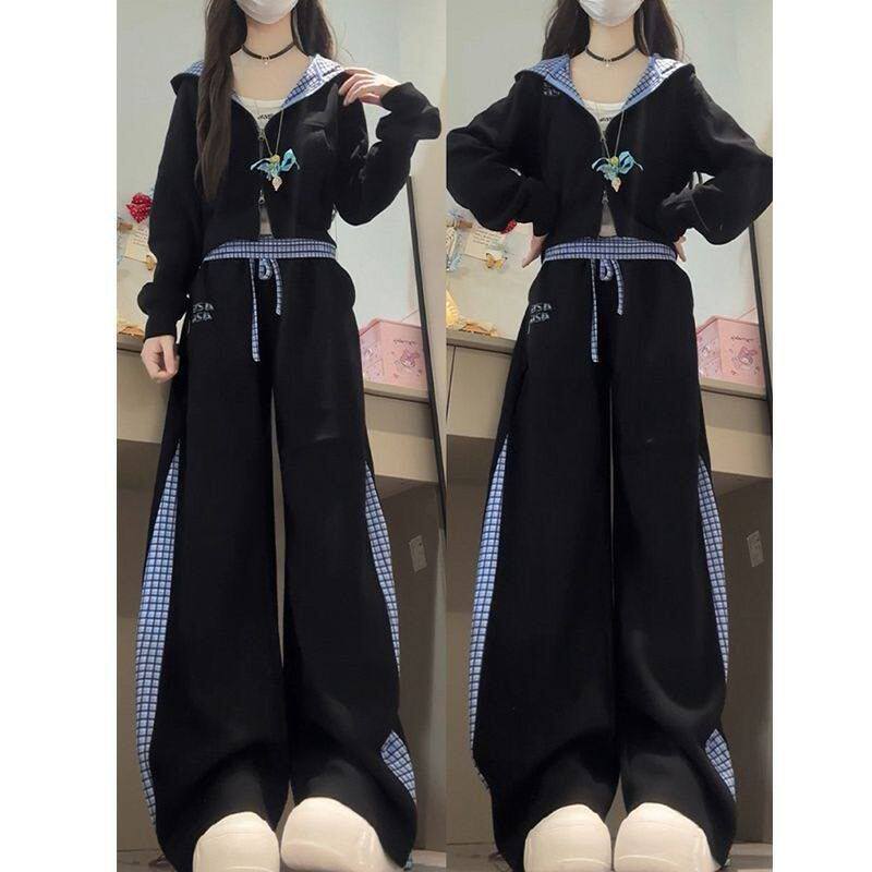 学院风运动套装女春秋季小个子短款连帽卫衣显瘦阔腿裤休闲两件套
