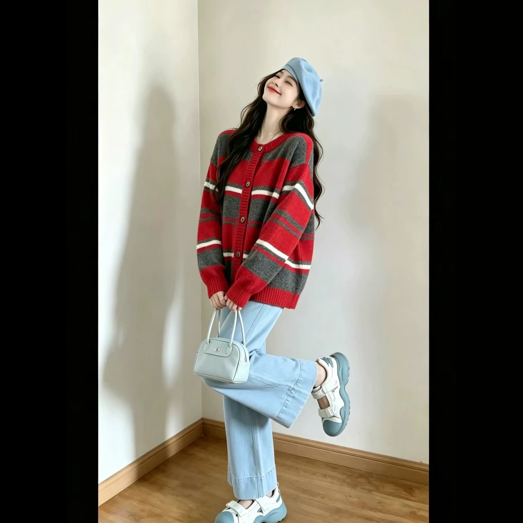 复古时尚撞色条纹毛衣开衫上衣女秋冬新款设计感百搭针织外套小衫