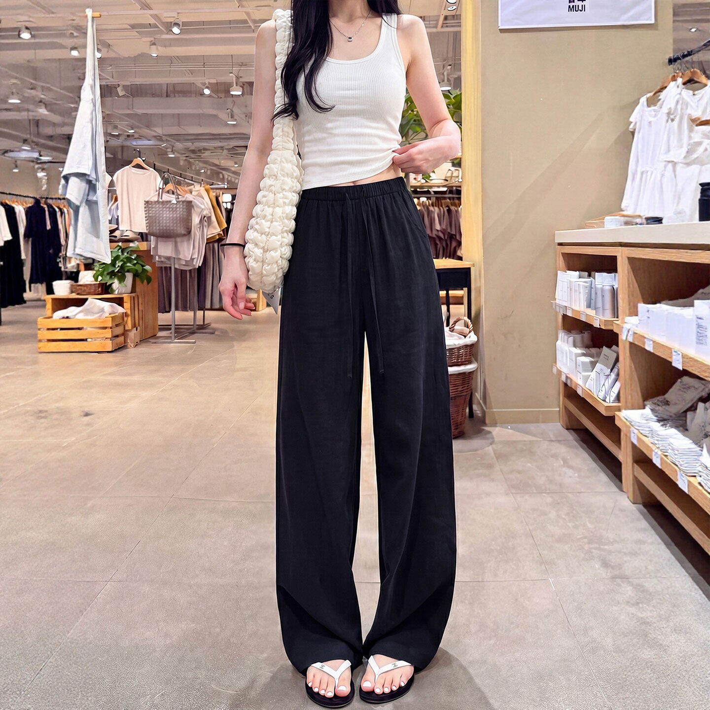 黑色亚麻直筒裤女夏薄款2026新款高腰显瘦老钱风窄版冰丝阔腿裤子