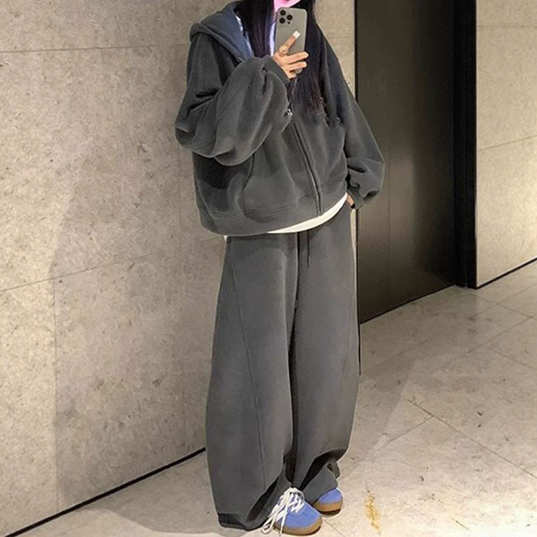 复古慵懒风薄款卫衣套装女秋冬季慵懒风宽松阔腿裤休闲运动两件套