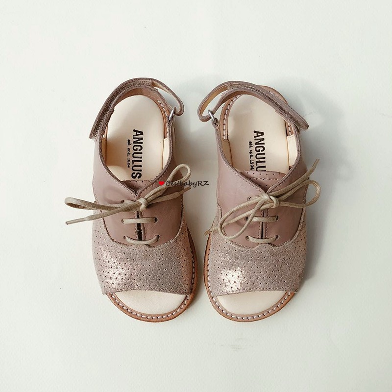 angulus女童拼色露趾真皮皮凉鞋