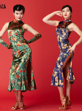 田慧 成人女式拉丁舞裙复古舞蹈旗袍丝绒练习裙表演裙62109