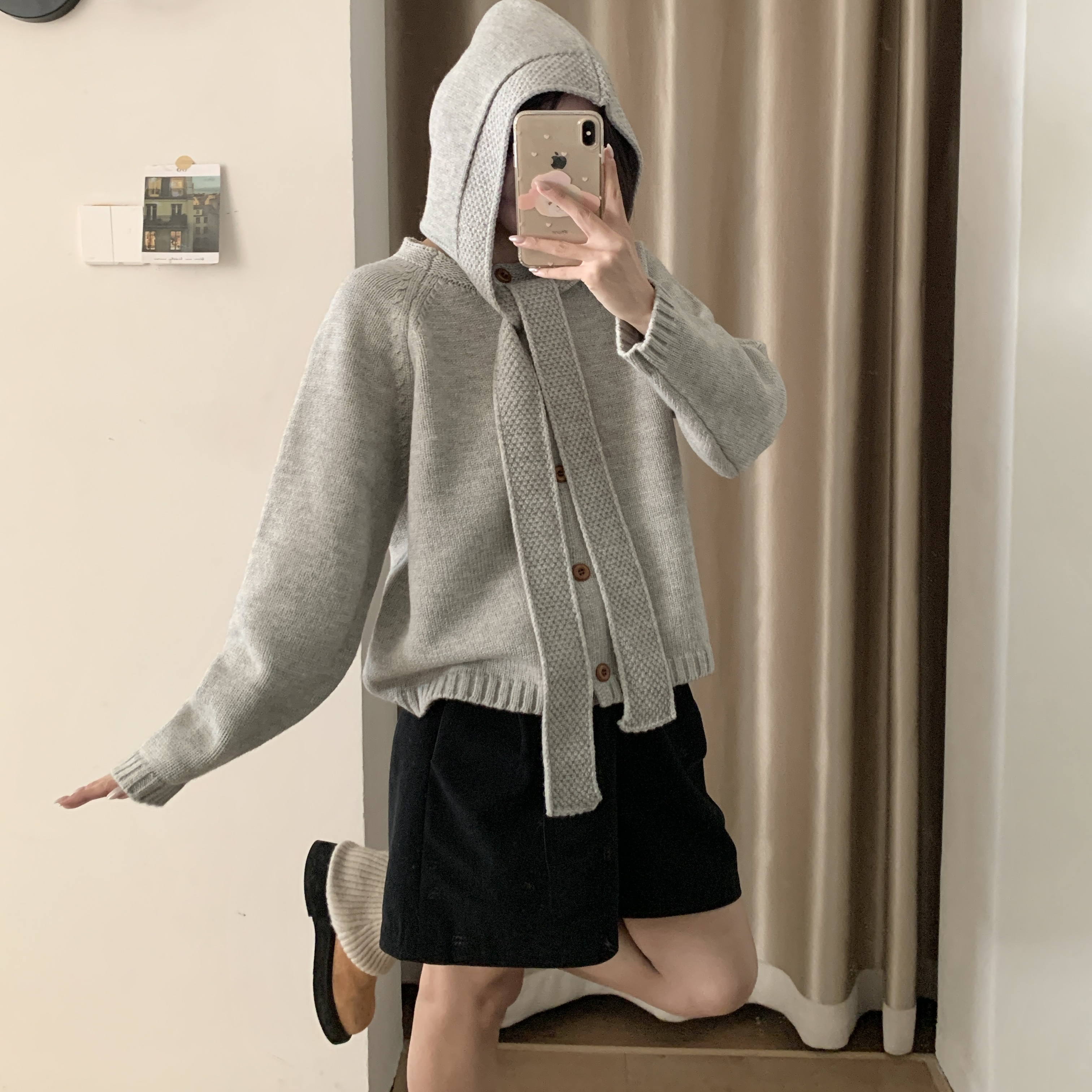 韩系连帽系带两件套毛衣女灰色圣诞红宽松慵懒风针织上衣外套开衫