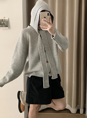 韩系连帽系带两件套毛衣女灰色圣诞红宽松慵懒风针织上衣外套开衫