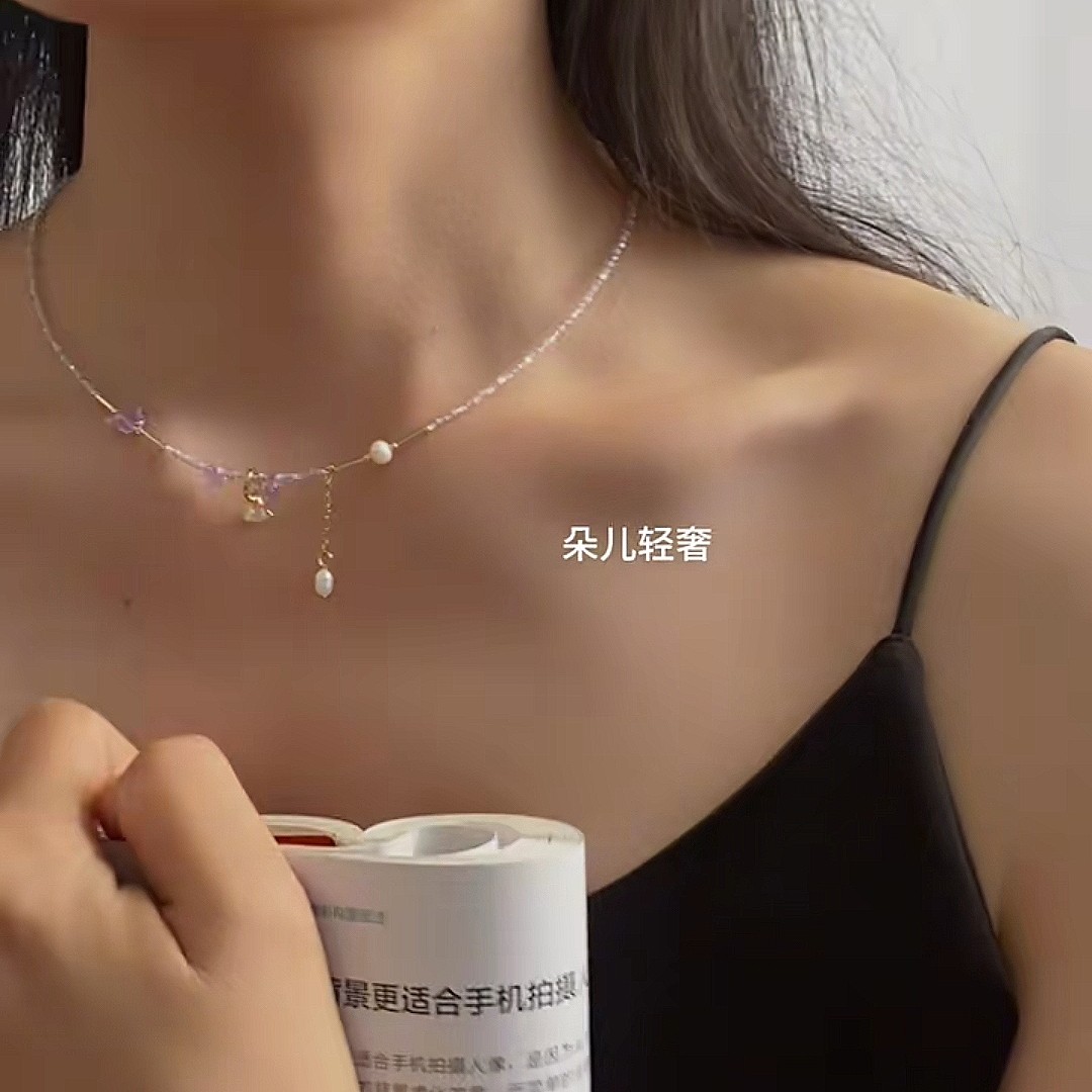 紫色锆石锁骨链串珠项链流苏吊坠戒指蝴蝶2mm极细亮精致淡水珍珠