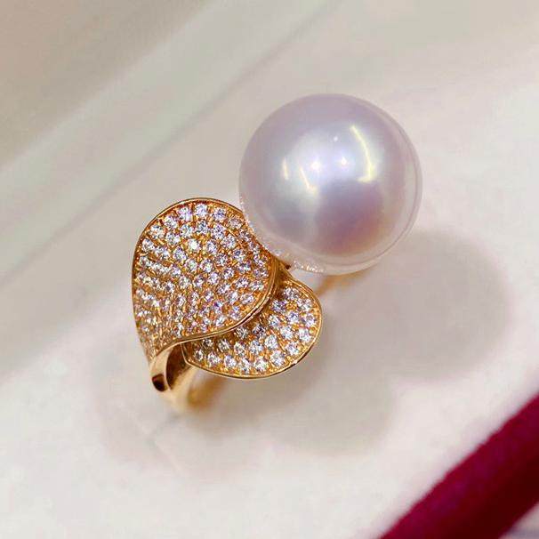 18k金10-11mm海水珍珠戒指配件叶子设计锆石密镶圆形裸珠戒托空托